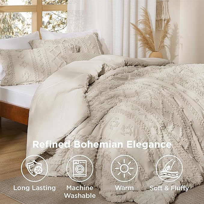 Bedsure Tufted Boho Comforter Set Oversized King - Linen Boho Bed Set, GentleSoft™ 3 Pieces Farmhouse Shabby Chic Embroidery Bedding, Gifts for Woman, Soft Jacquard Comforter for All Seasons