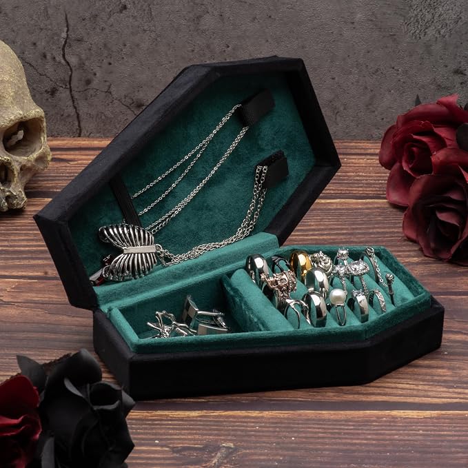 Velvet Coffin Jewelry Travel Case Holder for Gothic Wedding Ceremony Jewelry Organizer Decoration (Black and Green) - Image 5