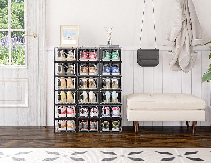SIMPDIY Shoe Storage, 12 Pack Shoe Organizer for Closet, Shoe Boxes Clear Plastic Stackable Shoe Containers with Lids for Size 10, Black - Image 7