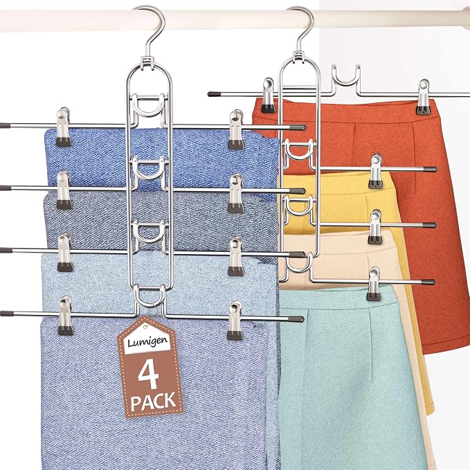 Pants Hangers With Clips, Newly Upgraded Detachable Space Saving Hangers for Skirts, Shorts & Trousers with Non slip clip,Heavy Duty Skirt Hangers - Hanging Closet Organizer And Storage,Patent Pending by Lumigens