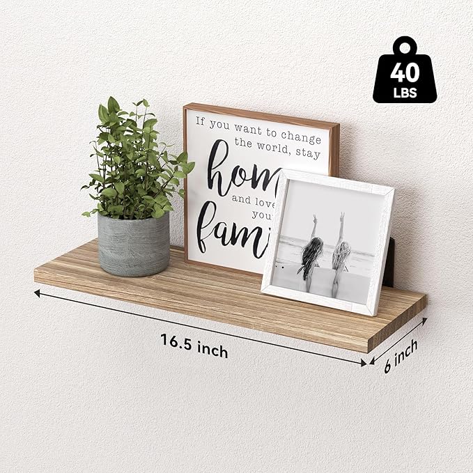 WOPITUES Wood Floating Shelves Set of 6, Shelves for Wall Decor, Farmhouse Shelf for Bedroom, Bathroom Storage Shelves, Book Shelves for Living Room - Rustic Brown - Image 3
