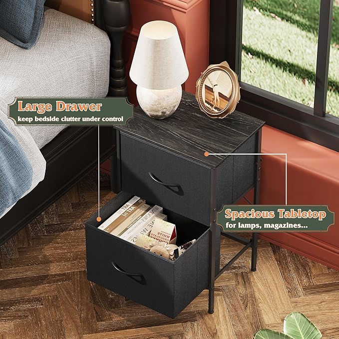 WLIVE Nightstand Set of 2, 2 Drawer Dresser for Bedroom, Small Dresser with 2 Drawers, Bedside Furniture, Night Stand, End Table with Fabric Bins for Bedroom, Dorm, Charcoal Black
