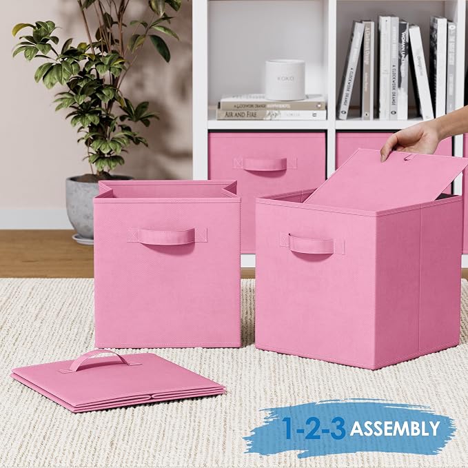 Storage Cubes - 11 Inch Cube Storage Bins (Set of 8). Fabric Cubby Organizer Baskets with Dual Handles | Foldable Closet Shelf Organization Boxes (Light Pink) - Image 6