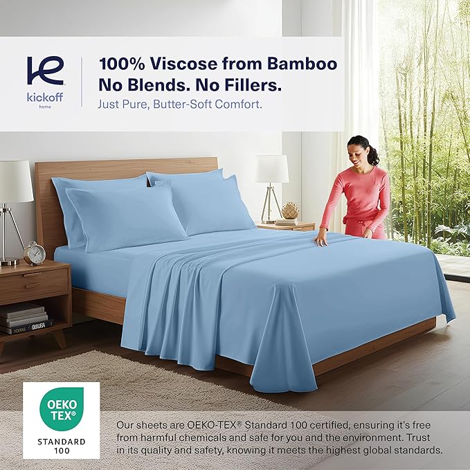 Kickoff Viscose Bamboo Sheets Full Size 4-pc 100% Organic Bamboo Viscose Bed Cooling Sheets Full Size Set Cool Bedding for hot Sleepers Sheet, Flat, Fitted, Pillowcases (Light Blue, F)