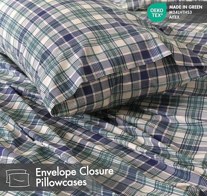 RUVANTI 100% Cotton Sheets – Full Size Percale Bedding, Cooling & Breathable Floral Design, Durable with a Crisp, Soft & Comfortable Feel, 16" Deep Pocket, 4-Piece Set, Greenish Blue Plaid