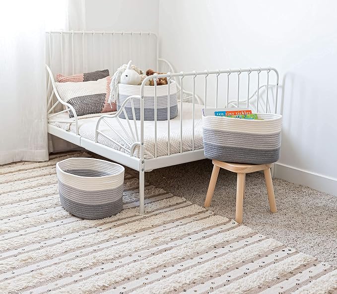 OrganiHaus Rope Baskets for Shelves - Set of 3 Woven Storage Baskets for Organizing, Closet & Toy Storage - 3-Toned Gray - 15x9x10 - Image 5