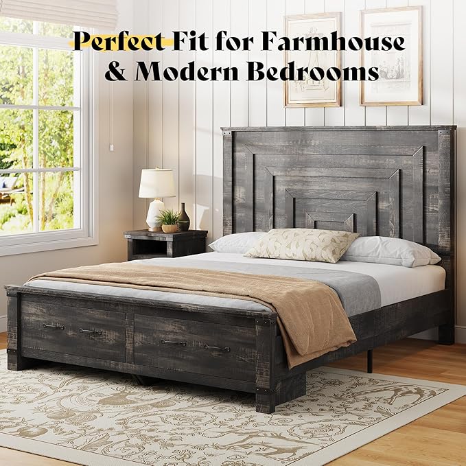 AMERLIFE 5 Pieces Farmhouse Bedroom Set, Includes Rustic Full Bed Frame with 54" Tall Headboard, 6 Drawer Dresser, 5 Drawer Tall Chest, Nightstands Set of 2 with Charging Station, Black Oak