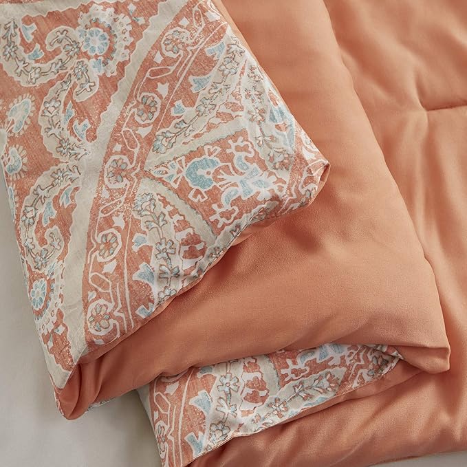 Comfort Spaces Bed in A Bag - Trendy Casual Design Cozy Comforter with Complete Sheet Set with Side Pocket, All Season Cover, Matching Shams, Queen(90"x90"), Gloria, Damask Coral 9 Piece
