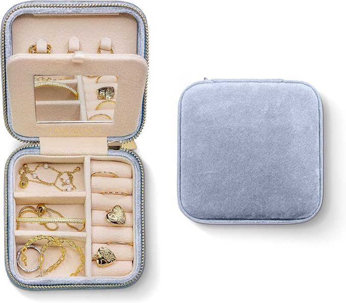 Benevolence LA Plush Velvet Jewelry Box | Travel Jewelry Case Organizer with Mirror | Featured in Oprah's Favorite Things | Best Gifts For Daughter, Girlfriend, Mom | Gifts For Her - Periwinkle Blue by BenevolenceLA