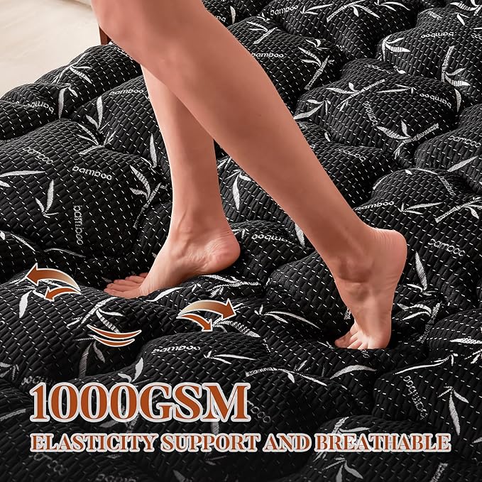 100% Waterproof King Size Mattress Topper, Thick Pillow Top Mattress Pad，Up to 25 Inch Deep Pocket,Soft Breathable Mattress Pad for Back Pain, Protector Cover(Black)
