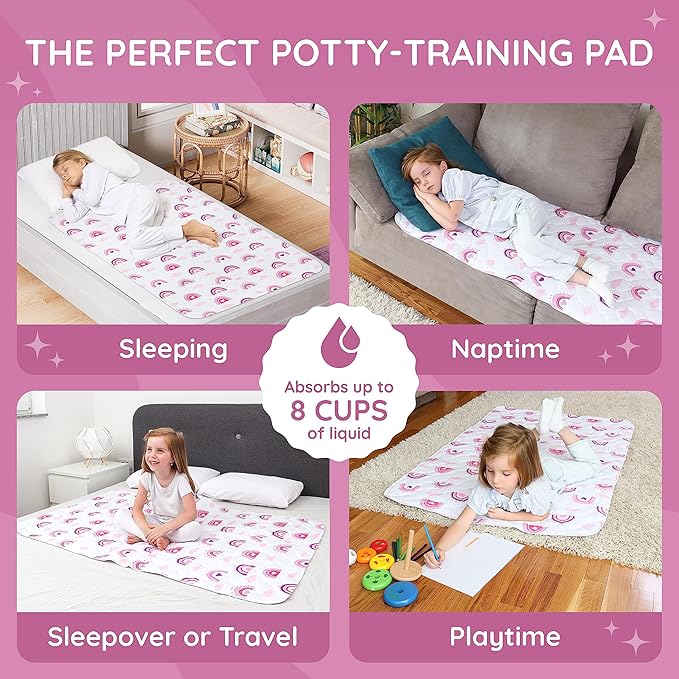 Lynmark® Potty Training Mattress Protector Pee Pads for Kids - Waterproof Toddler Bed Wetting Mat for Toilet Training - Non-Slip Washable Bedwetting Topper Absorbs Up to 2000ml - 53" x 33", Rainbow