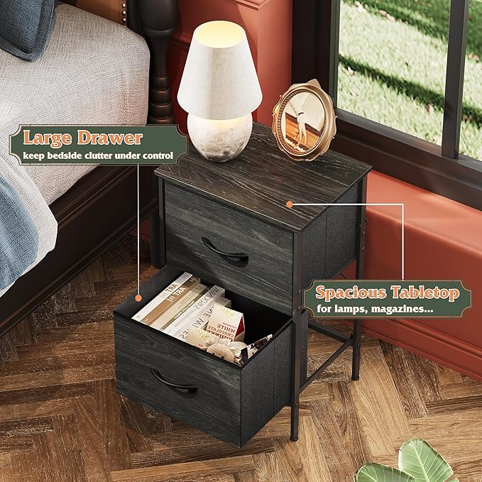 WLIVE Nightstand, Nightstand with 2 Drawers, Bedside Furniture, Night Stand, Small Dresser for Bedroom, College Dorm, End Table with Fabric Bins, Dormitory, Charcoal Black Wood Grain Print