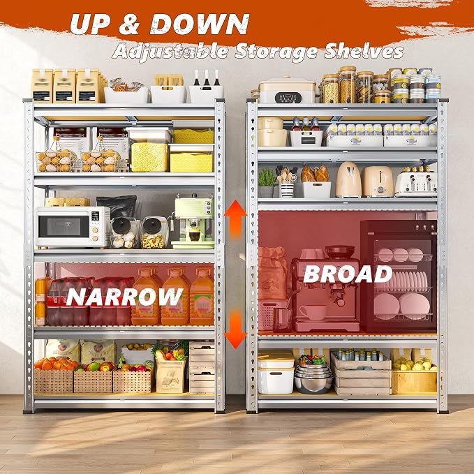 REIBII Garage Shelving, 5 Tier Storage Shelves Load 2400LBS, Adjustable Garage Shelving Heavy Duty, Metal Shelving Unit with Waterproof Columns, 35.5" W x 11.9" D x 72" H, Galvanized, 4 Pack - Image 5