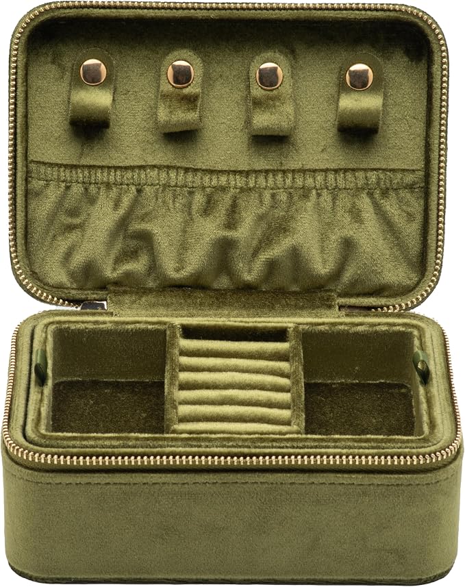 Velvet Travel Jewelry Organizer Box with Zipper Around Portable Accessory Display Tray Holder Storage Case for Multiple Earrings Rings Necklaces Bracelets (Olive Green) - Image 4