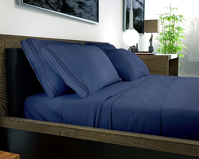 DREAMCARE California King Sheet Sets - 6 pcs Breathable Cooling Bed Sheets - up to 21" Extra Deep Cal King Sheets with Side Pockets - Extra Soft 100% Brushed Hypoallergenic Hotel Luxury Bedding N-Blue