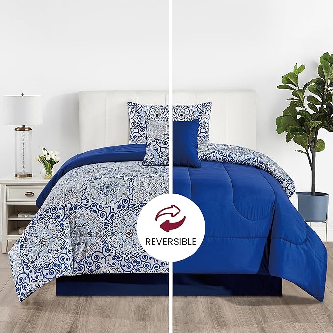 LUX Décor Reversible 4pc Twin Comforter Set, Printed Bedding Set, Microfiber Bed in a Bag, Includes 1 Comforter, 1 Pillow Sham, 1 Decor Pillow & 1 Bed Skirt (Aztec Blue,Twin)