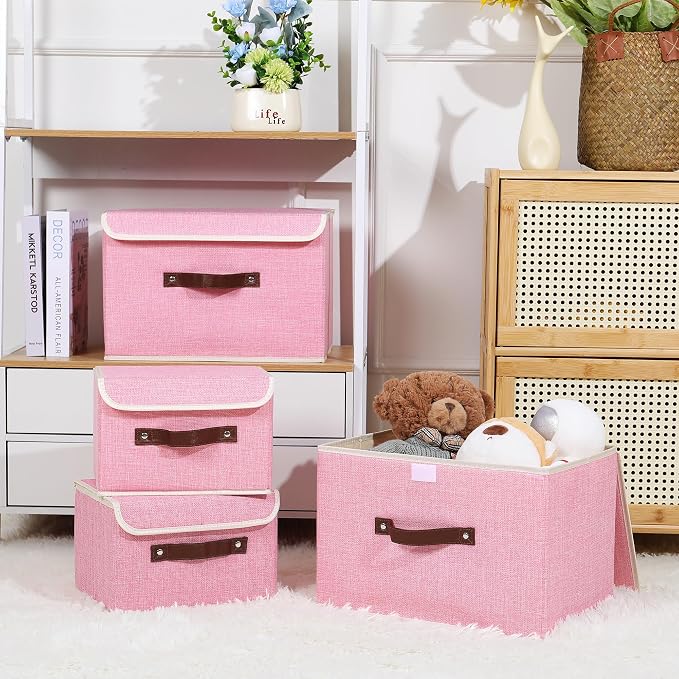 ANMINY Storage Bin with Lid Storage Boxes with PU Leather Handles PP Plastic Board Decorative Foldable Lidded Cotton Linen Fabric Home Cubes Baskets Closet Organizer Container - Pink, Small Size - Image 7