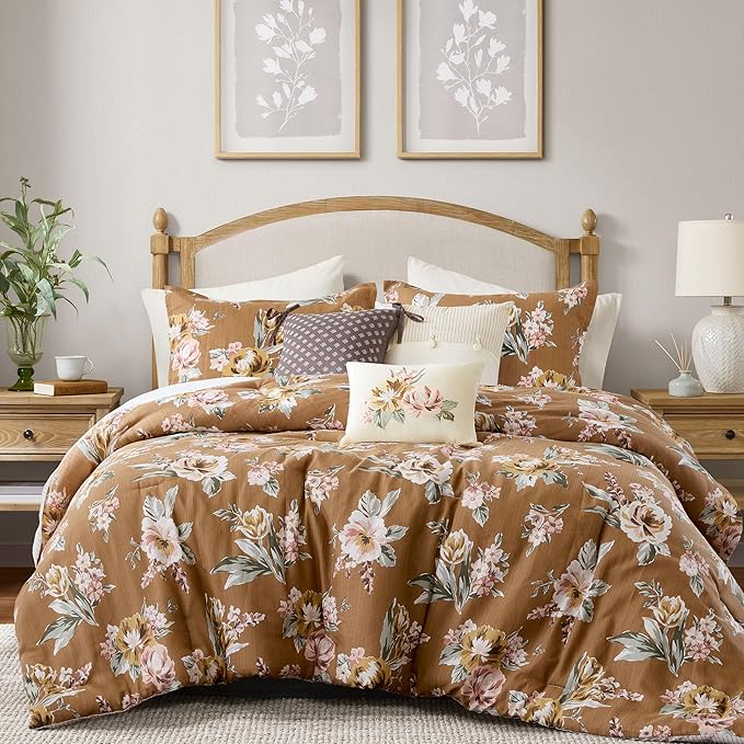 Madison Park Vintage Floral Reversible Comforters King Size Bed, All Season, Down Alternative Bedding Comforter, Bedskirt, Pillows, Shams, Salara, Queen Terracotta 7 Piece | Reversible