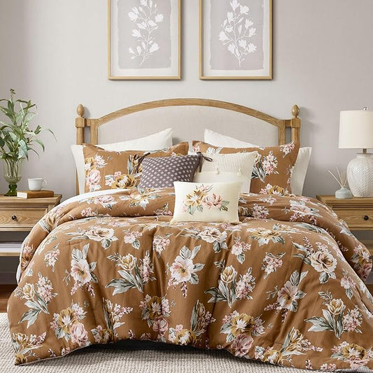 Madison Park Vintage Floral Reversible Comforters King Size Bed, All Season, Down Alternative Bedding Comforter, Bedskirt, Pillows, Shams, Salara, Queen Terracotta 7 Piece | Reversible