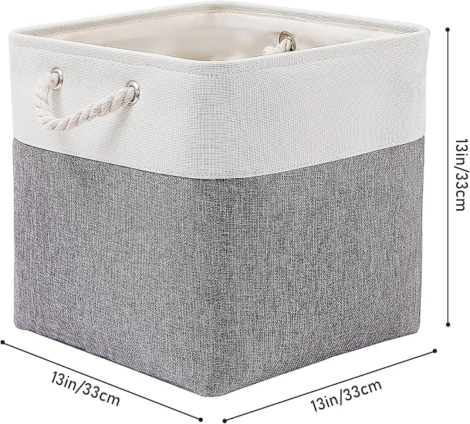 MidmmVick 13 x 13 Inch Cube Storage Bins, 6 Pack Extra Large Collapsible Fabric Storage Bin with Ropes, Foldable Storage Cubes for Home (White & Grey-13"x13"x13") - Image 4