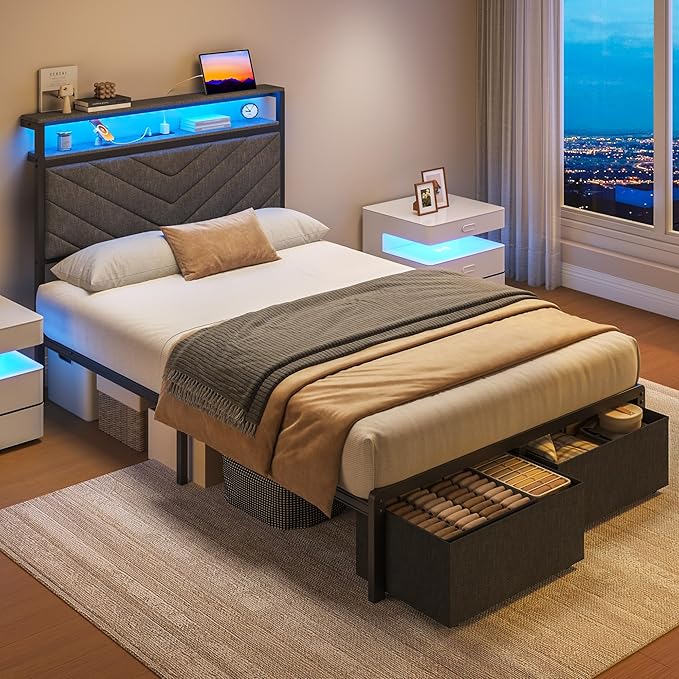 Fluest Twin Bed Frame with Storage Drawers, Upholstered Headboard with Charging Station, LED Lights, Fabric Drawers with Wheels, Under Bed Storage, No Box Spring Needed, Easy Assembly, Grey