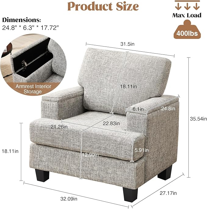 Oversized Accent Chair with Armrest Storage, Modern Upholstered Reading Living Room Chairs, Comfy Large Armchair, Fabric Single Sofa Chair for Bedroom (Light Grey)