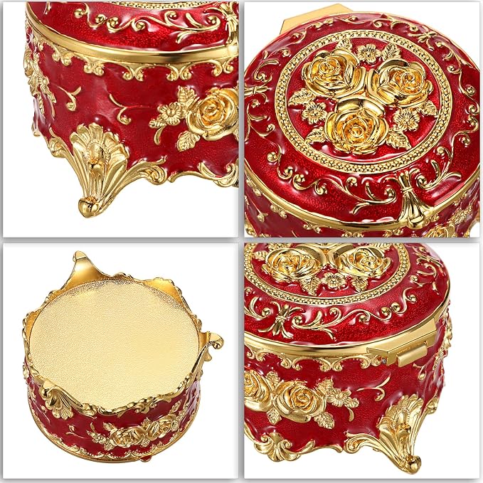 Hipiwe Vintage Metal Jewelry Box - Small Trinket Organizer Ring Box Case with Rose Pattern Jewelry Storage Box for Ring Earrings Necklace, Keepsake Box for Women,Red - Image 7
