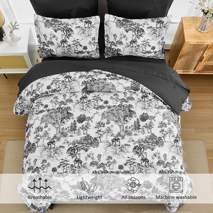 DJY Black Comforter Set King, 7 Pieces Black and White Botanical Comforters King Size Elegant Plants Print with Sheets Bed in a Bag Soft Microfiber Reversible Complete Bedding Sets for All Season