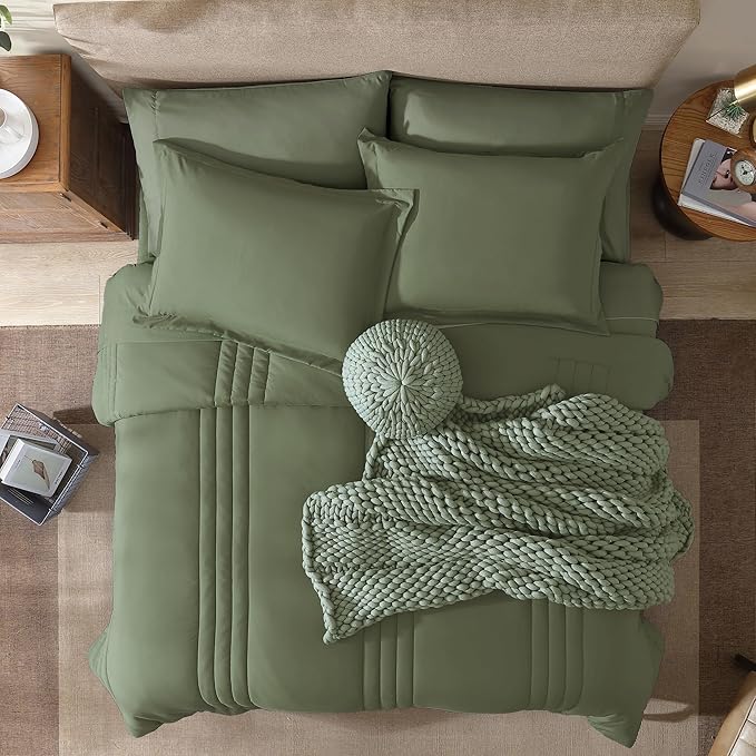 Monbix Queen Comforter Set - 7 Pieces Light Sage Green Bed in a Bag Queen Bedding Sets with Comforters, All Seasons Comforter Bed Set with Sheets, Pillowcases & Shams