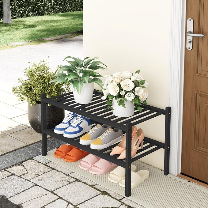 Smiry Shoe Rack, 2 Tier Thick Bamboo Shoe Organizer, Stackable Free Standing Wooden Shoe Storage Shelf for Closet, Entryway, Front Door Entrance, Black - Image 7