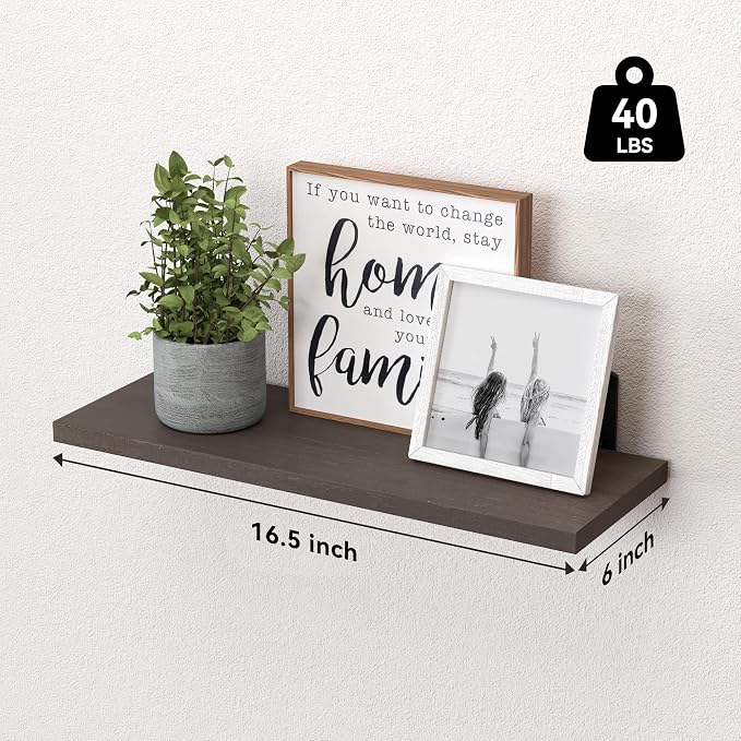 WOPITUES Wood Floating Shelves Set of 6, Shelves for Wall Decor, Farmhouse Shelf for Bedroom, Bathroom Storage Shelves, Book Shelves for Living Room, Dark Brown - Image 3