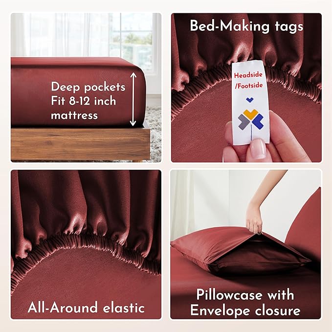 California Design Den Natural 100% Cotton Bed Sheets Twin Size Set - Soft Sateen Twin Sheets Set with 12" Pockets, Breathable and Durable Bedding for Dorm Rooms, College (Brick Red)