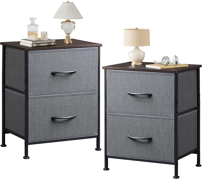 WLIVE Night Stand Set 2, Dresser and Nightstand Sets, Small Dresser for Bedroom with 2 Drawers, End Table with Fabric Bins for Closet, Bedside Furniture, College Dorm, Dark Grey