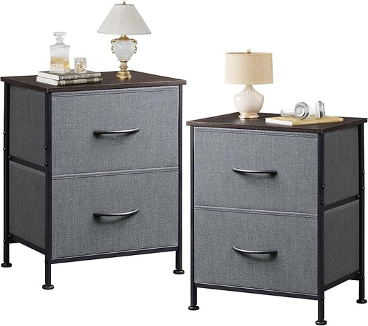WLIVE Night Stand Set 2, Dresser and Nightstand Sets, Small Dresser for Bedroom with 2 Drawers, End Table with Fabric Bins for Closet, Bedside Furniture, College Dorm, Dark Grey