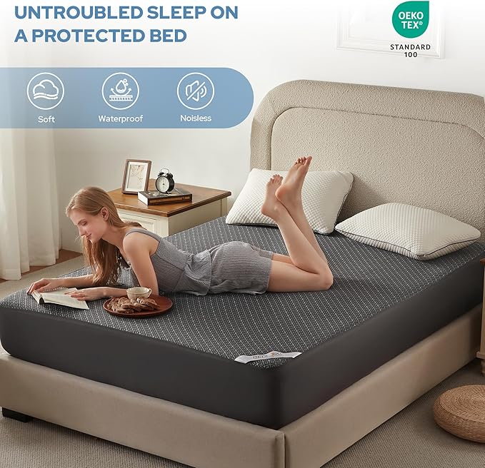 BEDLORE Queen Mattress Protector, Waterproof Noiseless Mattress Cover with Deep Pocket for 6-18 inches Mattress, Soft Breathable Mattress Pad Machine Washable (Dark Gray)