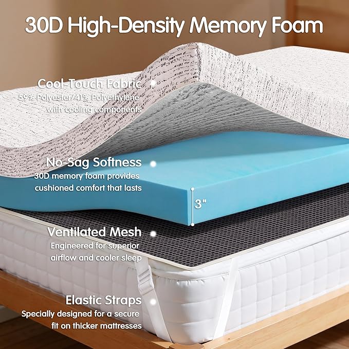 Hokway 3 Inch Memory Foam Mattress Topper with Mosaic Cover Memory Foam Queen Mattress Pad Bed Topper Ventilated High Density Pad, CertiPUR-US Certified