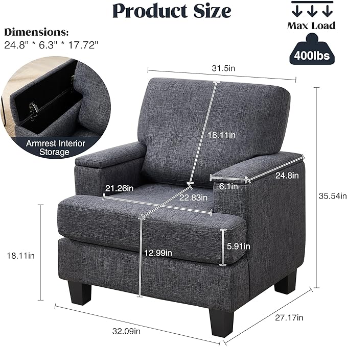 Accent Chairs Set of 2 with Armrest Storage, Modern Upholstered Reading Living Room Chairs, Comfy Large Armchairs, Fabric Single Sofa Chair for Bedroom (Dark Grey)