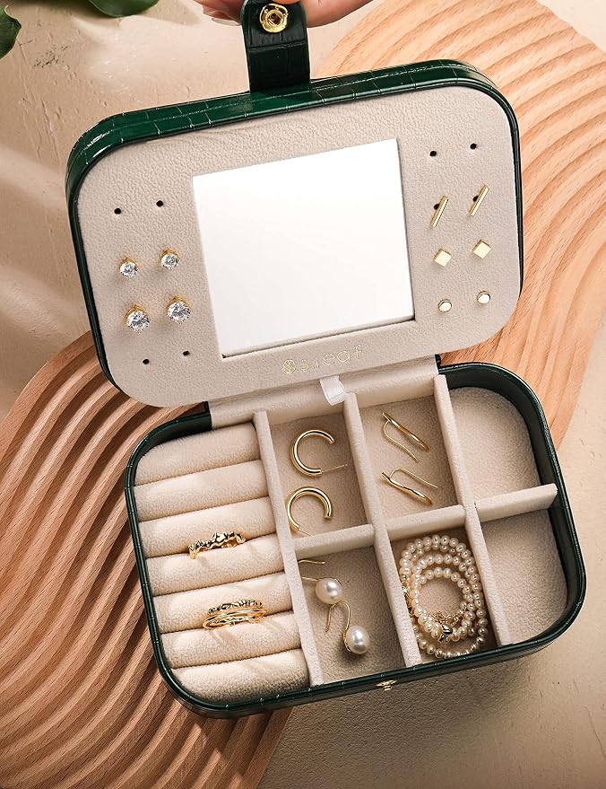 S.Leaf Travel Jewelry Organizer Boxes for Women Small Portable Necklace Earrings Bracelet Rings Travel Case Best Friend Birthday Gifts for Women Trendy (13_Crocodile_Emerald_Big) - Image 3