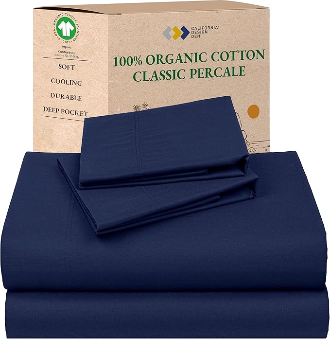 California Design Den Soft 100% Organic Cotton Sheets Full Size Set with Deep Pockets - Crisp Percale, Breathable and Durable Bedding Set - Navy Blue