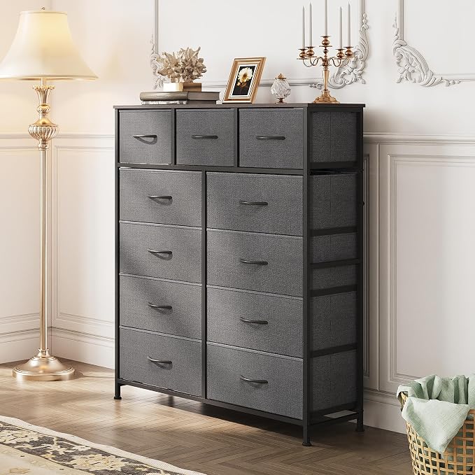 WLIVE Tall Dresser for Bedroom, Fabric Dressers Storage Tower, Dresser & Chest of Drawers Organizer Unit with 11 Drawers, Storage Cabinet, Hallway, Closets, Steel Frame, Wood Top, Dark Grey - Image 2