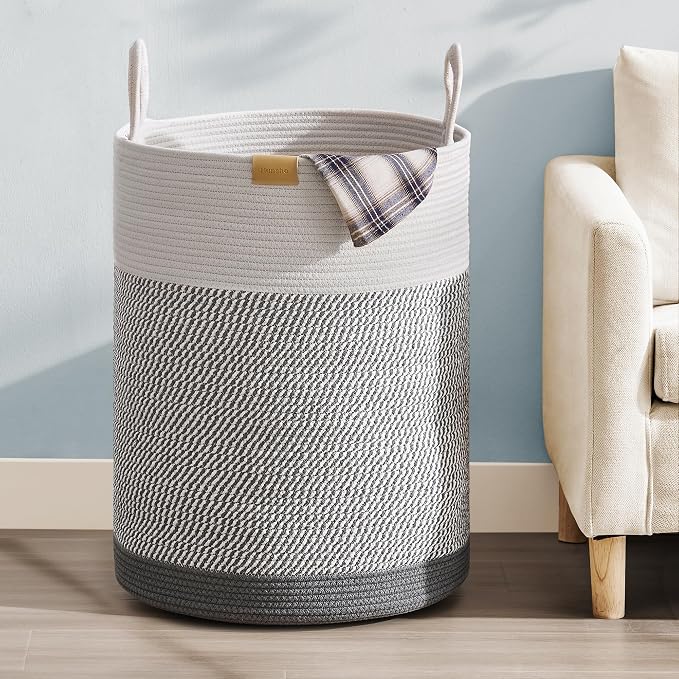 Nunsino Laundry Hamper 95L,Large Laundry Basket for Clothes,Decorative Storage Basket for Blankets,Cotton Rope Woven basket for bedroom,Grey White by Nunsino