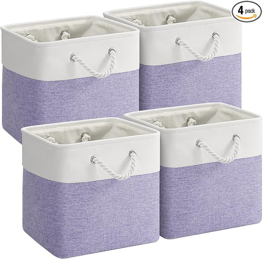 12 x 12 Inch Cube Storage Bins, 4 Pack Fabric Storage Basket with Handles, Foldable Boxes Organizer for Shelf Baskets for Home, Clothes (White/Purple) by VQRTEXAStorageBasket