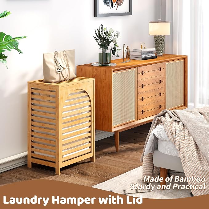 FILWH Laundry Hamper with Lid (16.9 * 13 * 26.5inches) Large Bamboo Laundry Bin Basket 85L Clothes Hamper with 1 Removable Bag Storage baskets for Bathroom(Natural) - Image 6