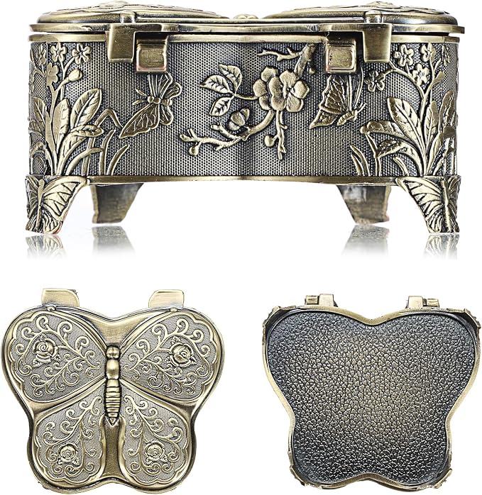 Hipiwe Butterfly Shape Jewelry Organizer Box Vintage Metal Jewelry Trinket Box Small Treasure Chest Ring Holder Earrings Necklace Storage Box Keepsake Box, Bronze - Image 7