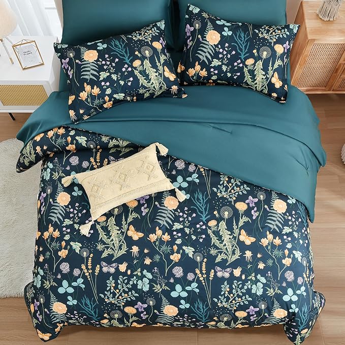 Yiran King Size Comforter Set 7 Pieces, Peacock Blue Botanical Floral Winter Comforter Bedding Set, Bed in a Bag King, Soft Microfiber Complete Bedding Set with Sheets for All Season