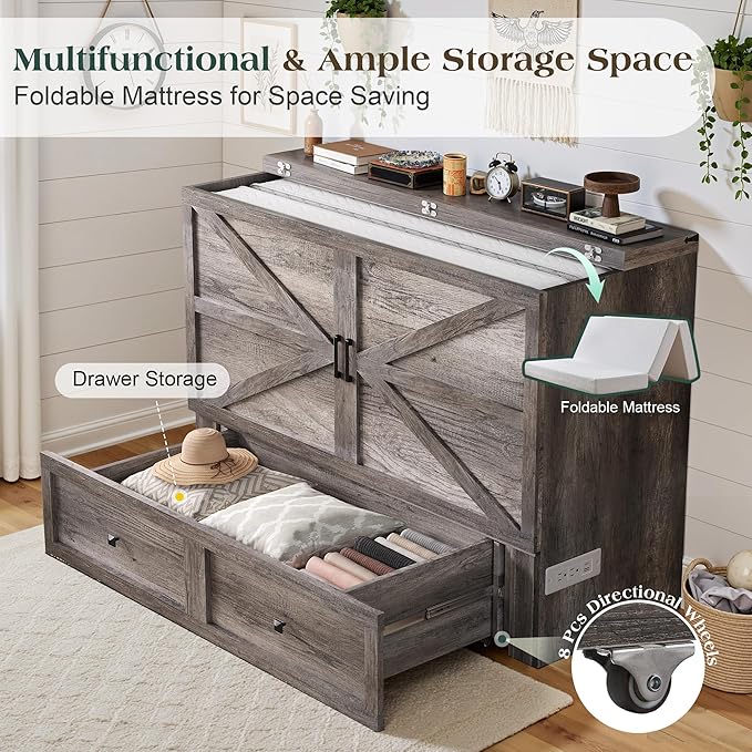 LUXOAK Queen Murphy Bed with 6" White Tri-Fold Memory Foam Mattress, Storage Drawer & Charging Station, Space-Saving Design for Home Office or Guest Room, Rustic Grey