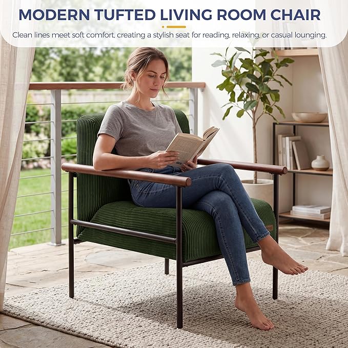 MAXYOYO Living Room Accent Chair, Modern Chair with Sturdy Metal Frame & Wood Armrests, Upholstered Reading Chair with Upholstered Cushion for Bedroom Balcony Porch, Dark Green
