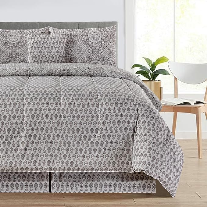 LUX Décor Reversible 5pc King Comforter Set, Printed Bedding Set, All-in-One Bed in a Bag, Includes 1 Comforter, 2 Pillow Shams, 1 Decorative Pillow & 1 Bed Skirt (Aztec Grey,King)