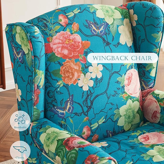 MELLCOM Floral Accent Chair, High Back Upholstered Armchair with Solid Legs, Leisure Single Sofa Chair for Living Room, Bedroom, Home Office, Teal Floral