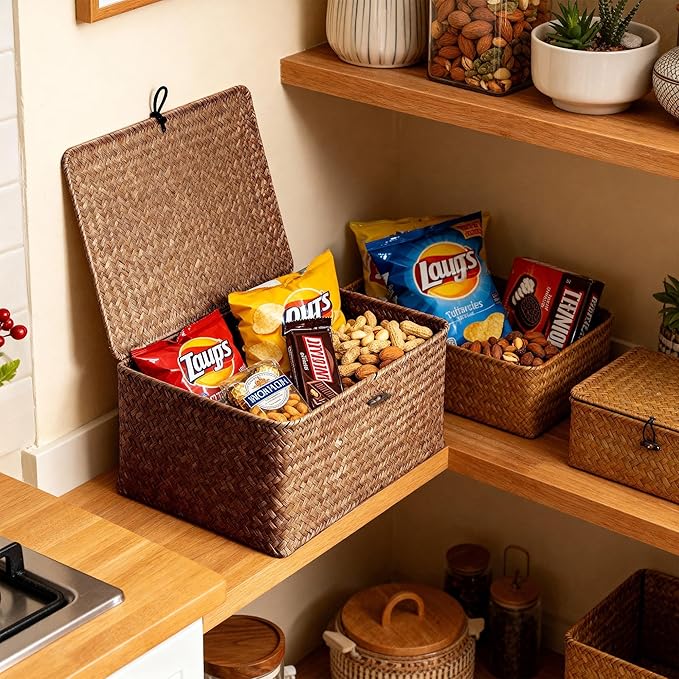 Nonam Seagrass Storage Large Basket with Lid,Wicker Basket Storage Bin with Lid for Shelves,Boho Decor,Handwoven Shelf Basket for Organizing-Storage Container Box for Home Organization-Coffee - Image 6